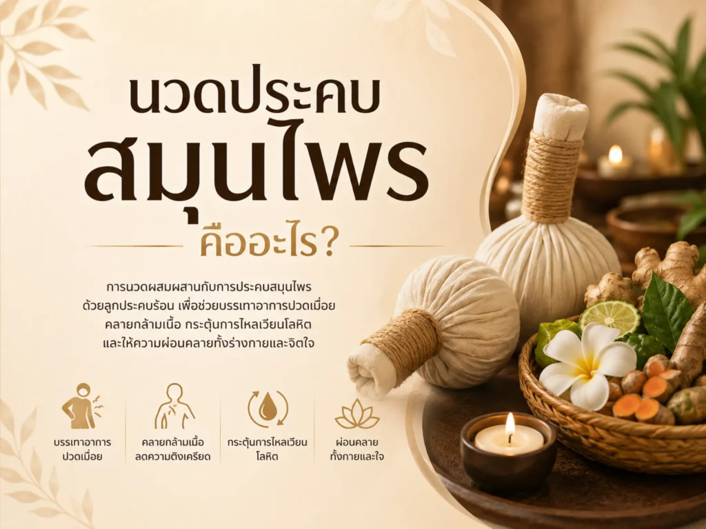 นวดประคบสมุนไพรคืออะไร? ศาสตร์การนวดไทยที่ช่วยคลายปวดลึกถึงกล้ามเนื้อ 1 นวดประคบสมุนไพรคืออะไร (Horizontal)